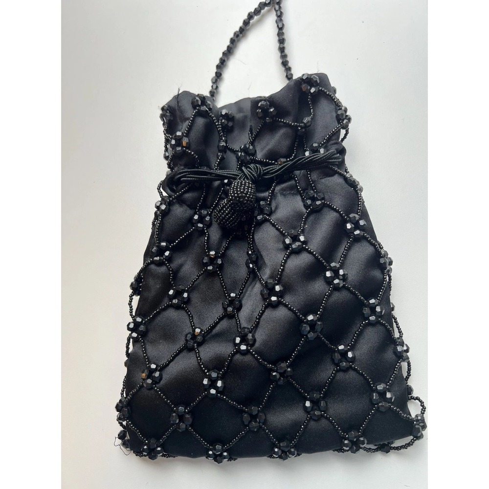 Magid Small  Black Beaded Handbag Drawstring Close Crossbody Evening Bag Vintage